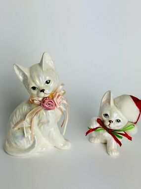 White Iridescent Porcelain Cat Figurines with Ribbon and Santa Hat Lustreware